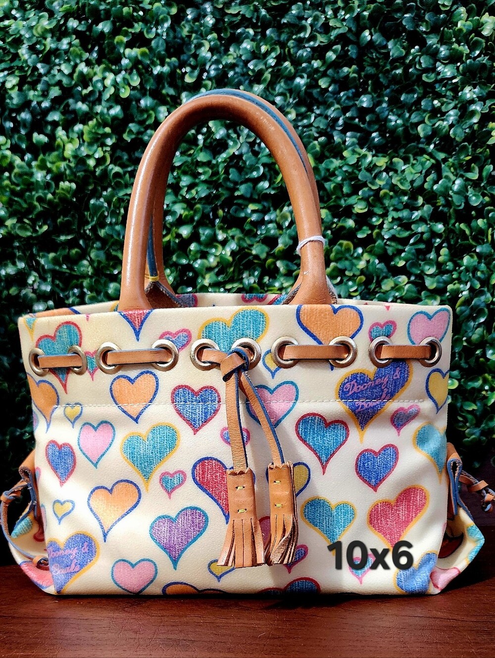 Dooney & Bourke Cream Tote with Multicolor Heart Print and Tan Handles